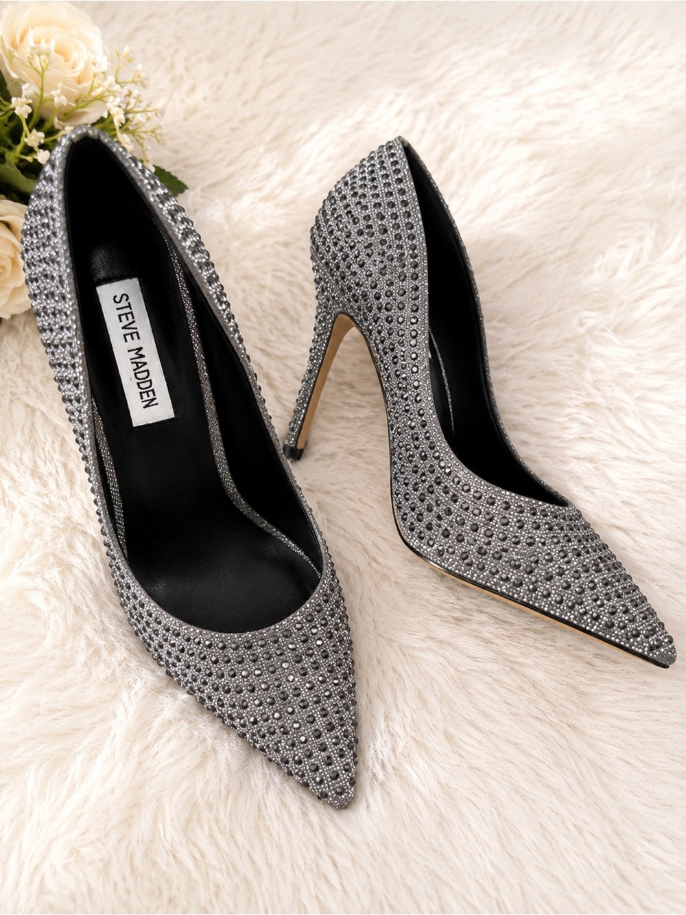 Steve Madden Silver Crystal Studded Pointed Toe Stilettos